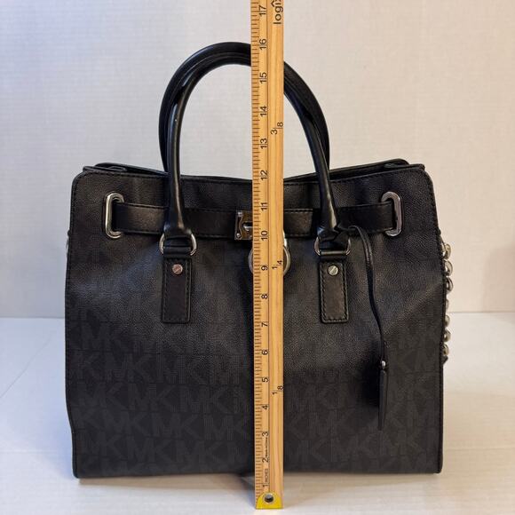 Michael Kors Hamilton Large Signature Monogram Logo Black Leather Satchel Tote - Picture 4 of 16